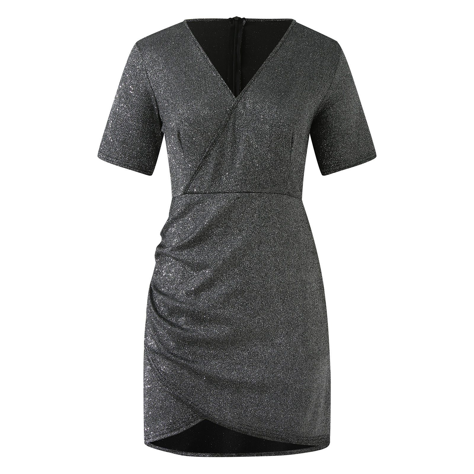 thumbnail image 4 of Vestido sexy de lentejuelas con cuello en V y manga corta para mujer - Color liso, corte ajustado, poliéster - Elegante vestido de fiesta para veladas, bodas y salidas nocturnas, 4 of 5